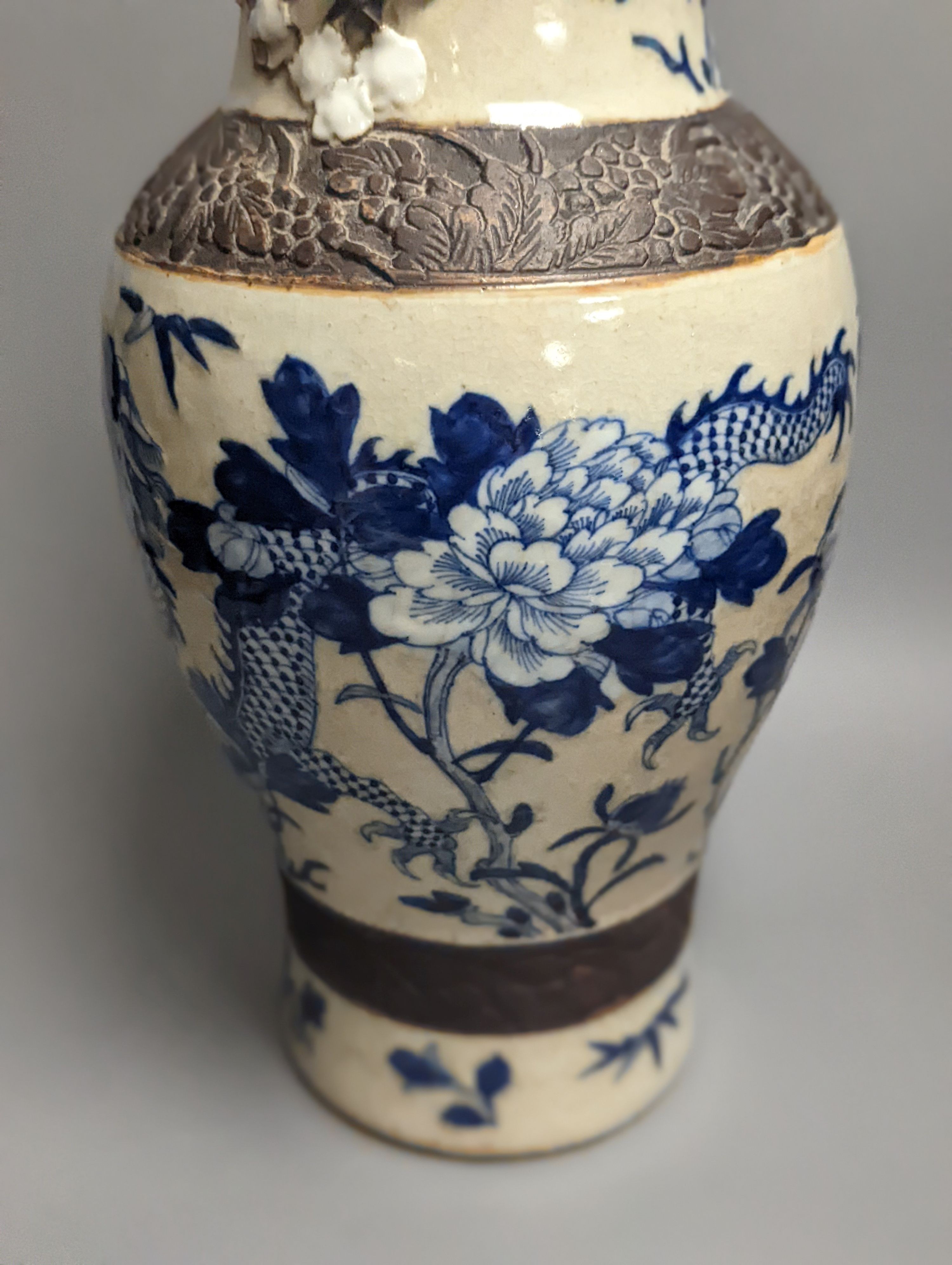 A large Chinese blue and white crackle glaze 'dragon' vase, c.1900, Chenghua mark 45cm